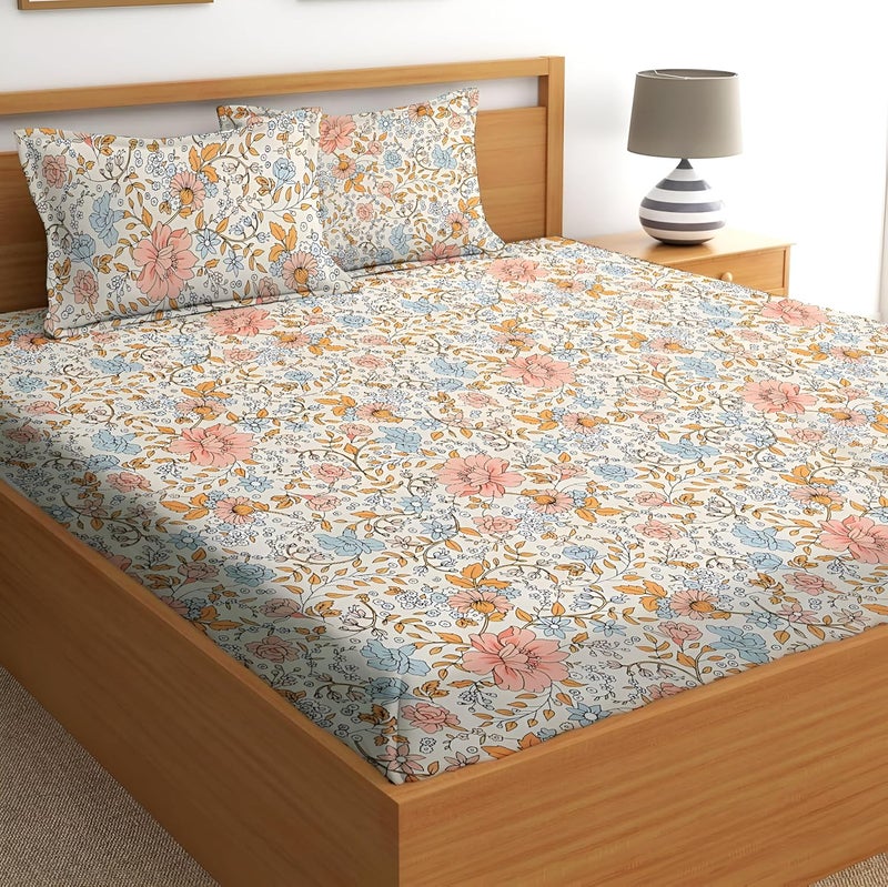 STARNSTYLE Premium 160 TC Egyptian Cotton Blend Floral Printed Double Bedsheet Set with 2 Pillow Covers - 228 x 228 cm Pink Rose - Image 1